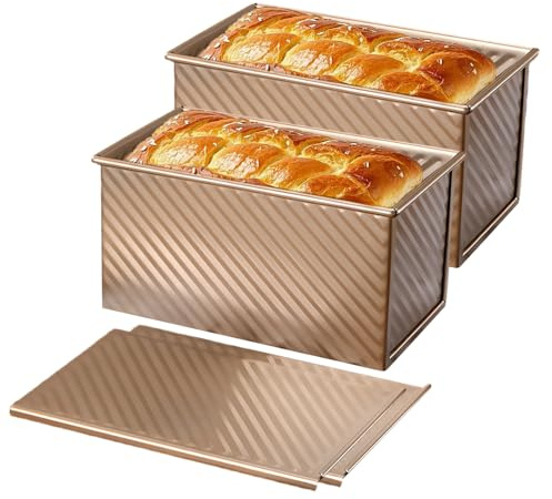 Jonuin 2 Pack Loaf Tins for Baking, 1lb(450g) Loaf Tin with Lid, Non Stick Bread Tins for Baking Bread with Corrugated Design, for Oven Baking, Homemade Cakes, Toast Bread, Large Size 21x11.5x10cm