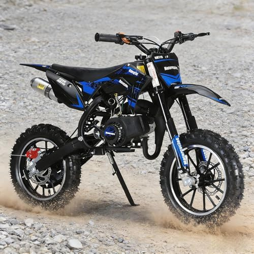 50cc 2-Stroke Kids Dirt Bike,Gas Powered Motorcycle for Kids with Off-Rode Tire, Front Rear Disc Brakes Motocross,Up to 25 Mph,Shock Absorption Pocket Motorbike (Blue)