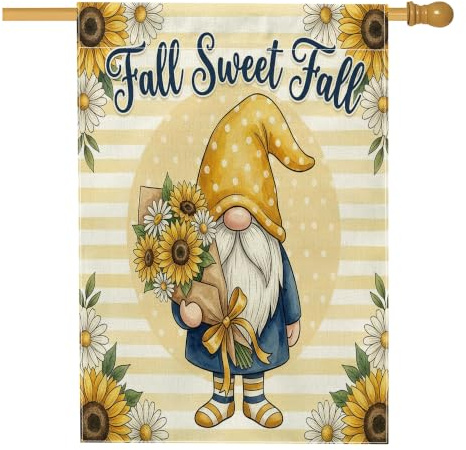 Bandiera per la casa degli gnomi, autunnale fantasioso girasole crisantemo giallo autunnale su entrambi i lati, bandiere decorative per portico anteriore per esterni, prato, cortile, patio, ingresso