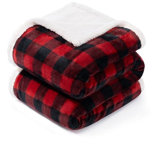 BEAUTEX Christmas Sherpa Fleece Throw Blanket, Super Soft Warm Buffalo Plaid Plush Blankets and Throws, Warm Winter Cozy Fuzzy Blanket for Couch Sofa Bed (Red, 50 x 60)