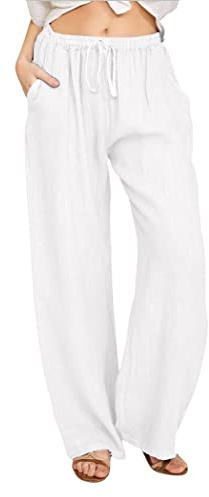 CHARTOU Women's Summer Drawstring Waist Wide Leg Loose Cotton Linen Palazzo Pants (Medium, White)