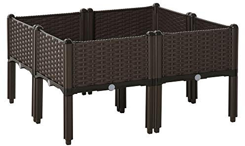 Outsunny Hochbeet 4-teiliger Pflanzkasten mit Abflusslöchern Rattan-Look Blumenkasten DIY Braun 40 x 40 x 44 cm