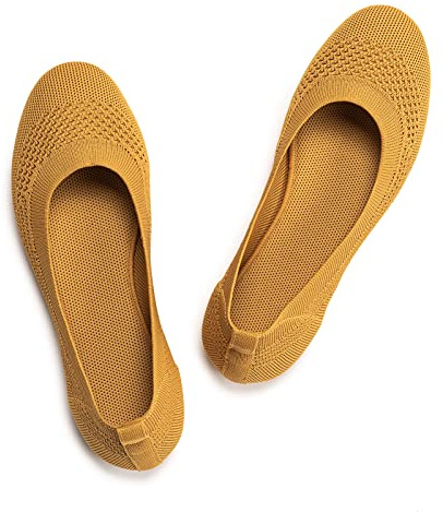 Frank Mully Ballerines Plates à Enfiler en Tricot pour Femme - Escarpins à Bout Rond, Jaune, 36.5 EU