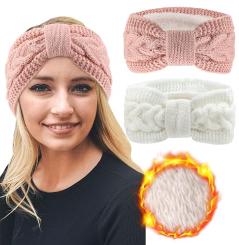 DRESHOW Femmes Chaud Tricoté Bandeau Hiver Oreille Plus Chaud Crochet Tête Enveloppe épais Polaire Doublure Cheveux Bandes, Taille unique, 2pcs Knot Style Set-10UK