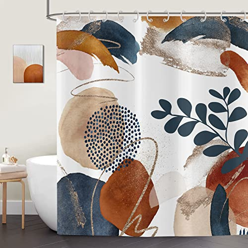 Boho Duschvorhang 180x180 cm, ASDCXZ Moderne Abstrakt Kunst Dunkelblau Blätter Braun Beige Graffiti Bad Waschbar Duschvorhang Polyester Textil Wasserdicht Duschvorhänge für Badewanne mit 12 Haken