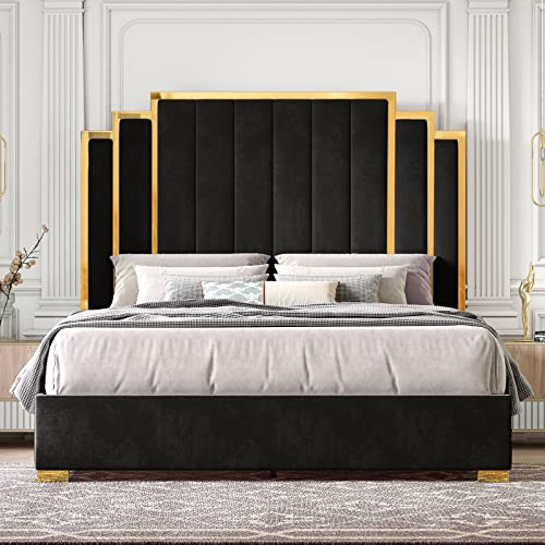 HOWE King Size Bed Frame and 65 Headboard, Upholstered Bed with Golden Plating Trim, Modern Platform Bed No Box Spring Needed, Black