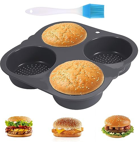 Moule à Pain Hamburger, Moule pour Burger Bun en Silicone Rond 10 cm Ø, Plaque pour Pains Burger avec Brosse à Huile en Silicone, pour Pain, Pains à Hamburgers, Cupcakes, Noir (23.5 x 23.5 x 4cm)