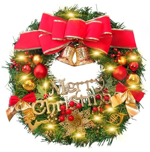 Corona navideña con Luces de 15.8 Pulgadas 20 LED Artificial Christmas Door Wreath with Bell, Arco, Flores navideñas Colgantes de Bayas Rojos para la Puerta Delantera (sin batería)