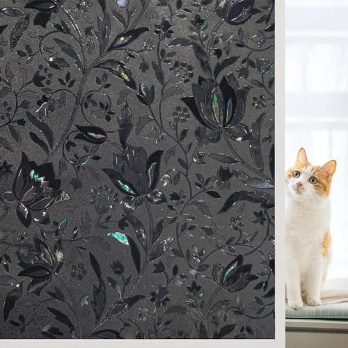SUNDEF FILM Blackout Window Film, 100% Sun Light Blocking Removable Privacy Window Cover, Stained Glass Windows Tint for Home, Static Cling Room Darkening Windows Stickers (Black Tulip, 17.5 x 78.7)