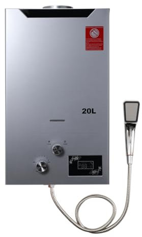 SUDEG Gas Water Heater 20L,Instant Hot Water Heater Boiler Burner with Shower,5.28 GPM Stainless Steel with Shower Head Kit for Home/Apartment/Camping Use Silver