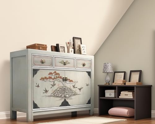 OPIUM OUTLET Chinesische Kommode Asia Sideboard orientalischer Schrank Vintage Möbel Anrichte Nachtschrank hellgrau beige