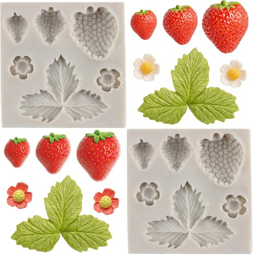 MYPRACS Strawberry Silicone Mould Strawberry Flower Fondant Moulds Set of 2 | Strawberry Flower Leaves Mould Fruit Cake Decorating Cupcake Topper Polymer Clay Candy Chocolate Gum Paste