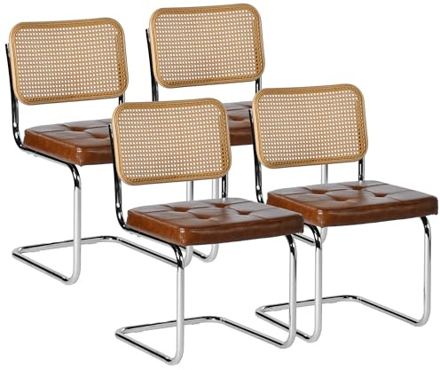 EGGREE 4er-Pack Rattan-Esszimmerstühle mit PU-Kissen und Galvanisierten Eisenbeinen für Konferenzräume, Büros, Esszimmer, R04-Braun