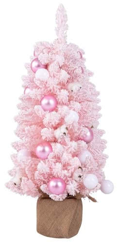 COSTWAY 90CM/3FT Artificial Mini Christmas Tree, Snow Flocked Pre-Decorated Tabletop Xmas Tree with 12 Natural Cotton Balls and 24 Decorative Ball Ornaments, Indoor Holiday Party Decoration (Pink)