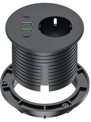 Einbausteckdose mit 65W USB C, Haiaoyyds Tischsteckdose ausgestattet mit 1 Schuko, 2 USB-A Anschluss, 2 USB-C Anschluss und 2m Netzkabel, Einbau Steckdosenleiste für 76mm Tischloch, Schwarz