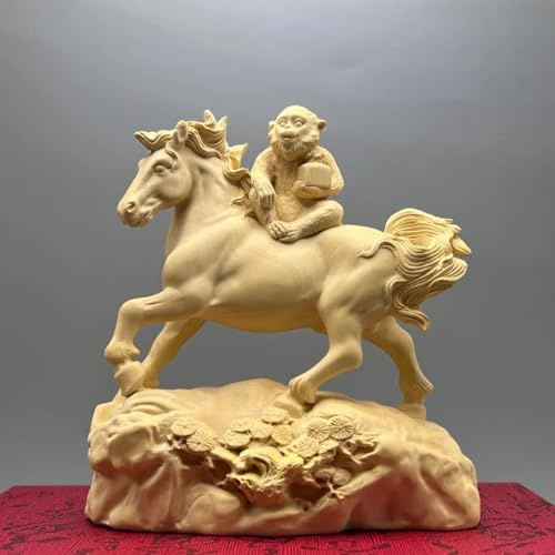 FENNYYAR Estatua tallada a mano de mono de boj sobre caballo, 12 cm, escultura de Feng Shui para éxito profesional, decoración de oficina en casa