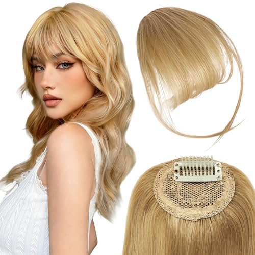 KEJOL Clip-in Lugg 100% Äkta Mänskligt Hår, Clip-in Bangs med Tinningar Hårförlängning för Kvinnor (Blond)