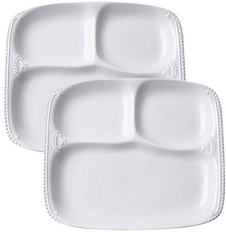 TAMUME Plato De Porcelana Blanca con 3 Compartimentos para una Persona, Bandeja de Comida Rectangular 3-en-1 con Patrón de Abalorios - 10* 8.5 * 1 Bandejas Para Servir