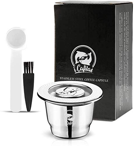 i Cafilas Acier Inoxydable Capsule Espresso Crema Café Rechargeable Réutilisable Pour Machine À Café Nespresso + 1 Cuillère + 1 Pinceau (Capsule)