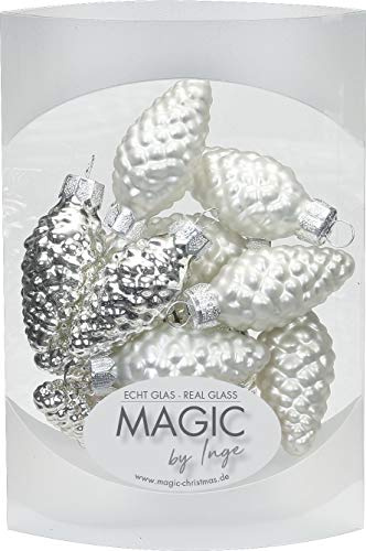 Magic 12 Zapfen 4,5 cm Glas Weihnachtsschmuck Weihnachtsdeko Christbaumkugeln Christbaumschmuck 45mm, Farbe: Silber Glanz/weiß matt