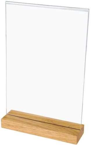 HMF Acryl Tischaufsteller im DIN A4 Hochformat, Tischkartenhalter mit massivem Holzfuß aus Eiche, T-Aufsteller, Glasklar