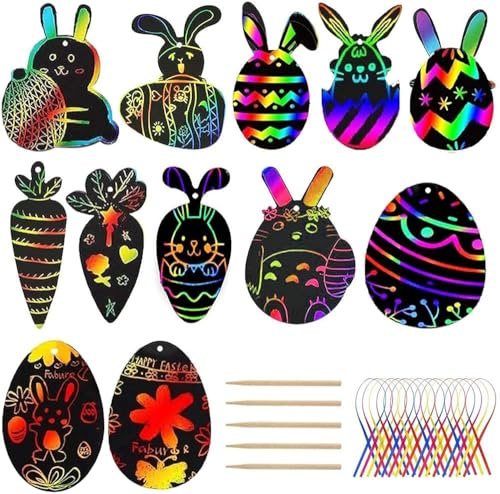 Faburo 36pcs Bastelset Ostern Kratzbild Anhänger von Ostereier Bastelset für Kinder zum Basteln zum Ostern
