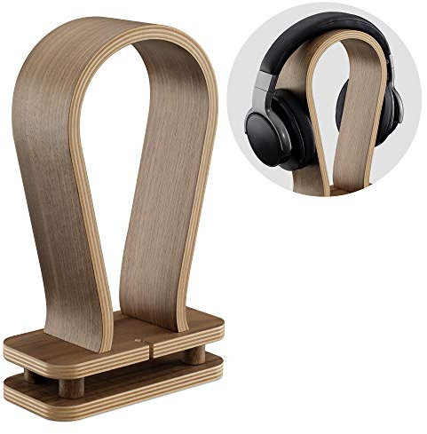 Navaris Walnut Headphone Stand - Wooden Universal Holder Display Hanger for Over-Ear Headphones with Wire Storage - Audio Equipment Accessories