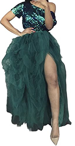 Women's Tulle Maxi Skirt Floor Length Layered High Waist Split Skirt A-Line Puffy Mesh Tutu Skirt for Wedding Party (Dark Green, One Size)