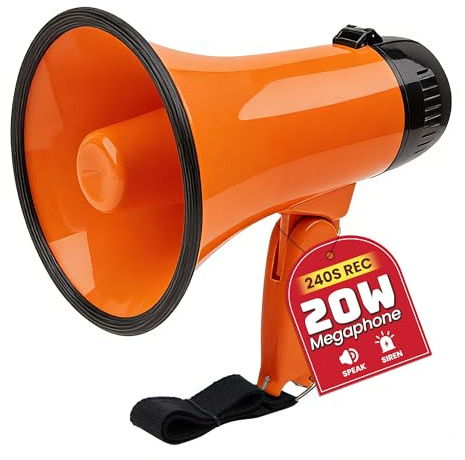 MyMealivos Bärbar megafon Bullhorn 20 Watt effekt megafon högtalare röst och siren/larmlägen med volymkontroll och rem (orange)