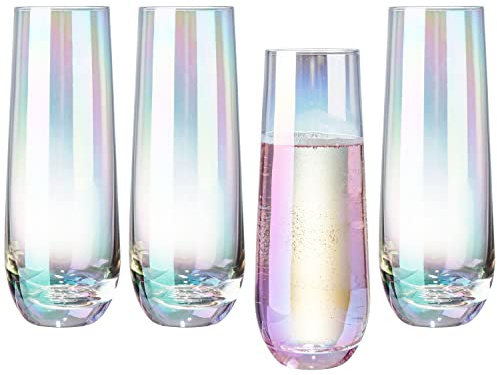 MyGift Set of 4 Iridescent Stemless Champagne Flutes, Rainbow Glasses, 9 oz
