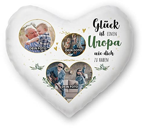 PR Print Royal Herzkissen selbst gestalten - mit 3 Fotos Bedrucken - Glück ist einen Uropa wie Dich zu haben - Geschenk Geburtstag Weihnachten - Herz Fotokissen inkl. Füllung, 40x44 cm