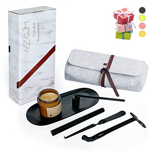 Exquisite Candle Accessories Tool Pack Bag, Rechargeable Electric Lighter， Wick Trimmer, Dipper, Snuffer and Tray Holder Elegant Kit Gift for Candle Lovers in Dating, Valentines Decor. ( Matte Black )