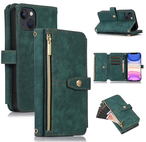ZCDAYE Wallet Case for iPhone 11, Premium Leather Phone Case Women Ladies Holster with Card Slots Wrist Strap Zipper Flip Phone Cover for iPhone 11 (6.1 inches), Green