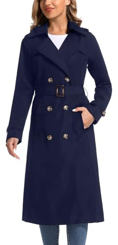 poonyfesh Women's Waterproof Long Trench Coat Double Breasted Length Classic Lapel Belt Coat With Removable Hood Navy Large