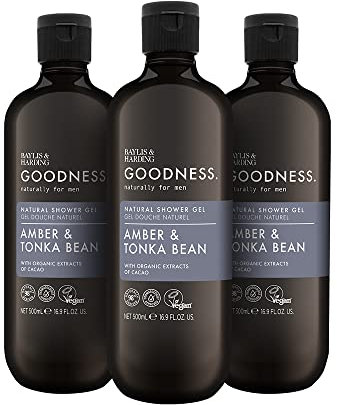 Baylis & Harding Goodness Men's Amber & Tonka Bean Natural Shower Gel, 500 ml (Pack Of 3) - Vegan Friendly