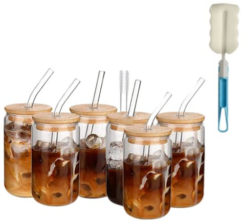 17OZ Glass Cups with Bamboo Lids and Glass Straw, Reusable Can Shaped Drinking Glasses with Lids and Straws & Brush,Wide Mouth Mason Jar Glass Cups for Smoothies, Tea, Cola, Juice, Soda (6 Pack)