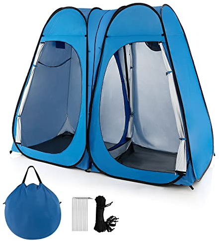 Goplus 2 Room Pop Up Shower Tent, 6.3FT Outdoor Portable Changing Room with Ground Stake, Wind Rope, Carry Bag, Window, Clothesline, Pocket, Privacy Instant Bathroom Tent for Camping Toilet