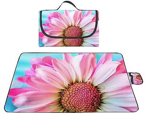 Picknickdecke 200x200cm,XXL Picknickdecke mit Wasserdichter Unterseite,Outdoor Stranddecke Sandfrei,mit Tragegriff Faltbare Picnic Blanket für Camping,Strand,Familie,Konzerte Gänseblümchen Rosa Blume