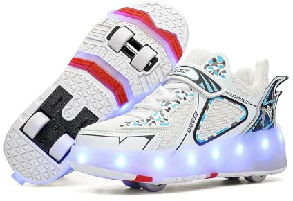 HUSKSWARE Rollschuhe Schuhe Jungen Mädchen Mit 4 Rollen Skateboardschuhe, verstellbar Jugend Schuhe mit Rollen, Weiß 32 EU