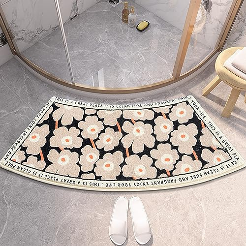 UVCMDUI Duschvorleger Halbrund, Weicher Saugfähige Duschvorleger Eckdusche mit Blumenmuster, rutschfeste Gebogene Duschmatte für Runddusche, Maschinenwaschbar,Braun,40x75CM(17.7x29.5IN)
