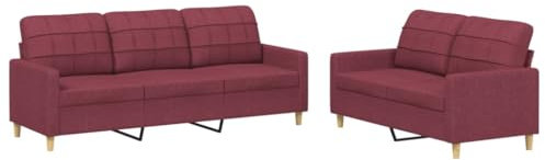 vidaXL Sofagarnitur 2-TLG., Sessel Couch mit Kissen, Sofa Wohnzimmersofa mit Armlehnen, Couchgarnitur Designsofa Sitzmöbel Polstermöbel, Weinrot Stoff
