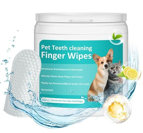 PITHER Dog Teeth Cleaning Wipes, Pet Dental Finger Wipes for Dogs & Cats Disposable Gentle Dog Teeth Cleaning Pads Tooth Brushing Kit Freshen Bad Breath Remove Plaque & Tartar Buildup 50 Counts