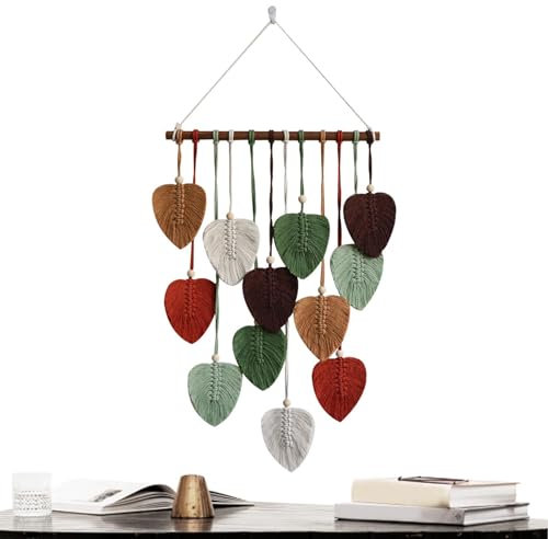 Makramee-Wandbehang – Makramee-Wandkunst, Makramee-Wandteppich, Boho-dekorativer schicker Wandteppich, Kunst, gewebte Blätter, Wanddekoration für Wohnzimmer, Schlafzimmer, Hochzeit, mehrfarbig