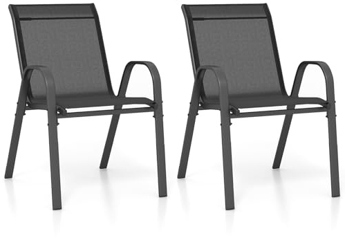 KOMFOTTEU Juego de 2/4 Sillas de Jardín, Silla Apilable Terreza Exterior de Tela con Marco de Metal, Sillón de Comedor con Reposabrazos y Respaldo Alto, Carga 150kg, 56 x 70 x 84 cm (2, Negro)