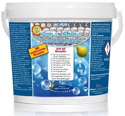 AC-PUR Geschirrpulver 5 kg Super Shine ALL in One mit Klarspüler, Vorweichfunktion, Express-Kraft-Formel, Maschinenpfleger, Schnelltrockenformel, Langzeit-Glasschutz, Frischeduft, Antikalkformel