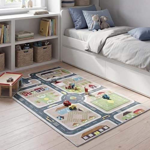 e-floor Kinderteppich, Teppich für EIN Kinderzimmer, Straßenmotiv, Kinderteppich Straßen und Wege, Teppich für Jungen und Mädchen, für Schlafzimmer, Spielzimmer, Kindergarten, (Grau, 100 x 150 cm)