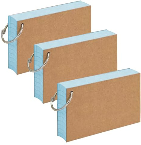 3PCS 150 Sheets Flash Revision Cards, 12.7 x 7.6 cm Blue Ruled Index Cards with 3 Binder Rings, Kraft Paper Notecard Flashcard Lined Index Record Card for Office School