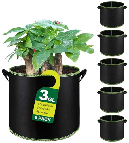 UDIANIS 3 Gallon Plant Grow Bags 6 Pack, Thickened Nonwoven Fabric Breathable Grow Bags, Heavy Duty Root Aeration Garden Pots Container with Straps Handles for Vegetables, Flowers, Plants and Fruits