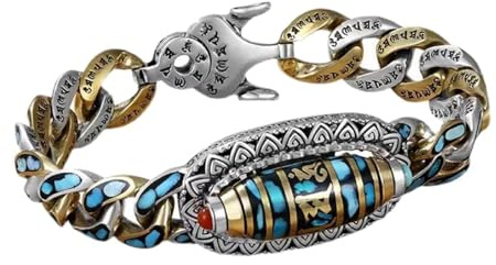 Genérico Pulsera de la suerte con mantra de seis caracteres en plata tibetana, pulsera de la buena suerte con cuentas de turquesa, pulsera con amuleto de Feng Shui (Style C,22cm/8.66in)