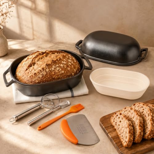 QuliMetal 16x10 Oval Cast Iron Dutch Oven for Bread Baking, Bread Loaf Pan With Sourdough Bread Making Kit, Pre-Seasoned Bread Dutch Oven With Lid, 9.5QT, 13 LBS Heavy Duty, Homemade Breadmaking